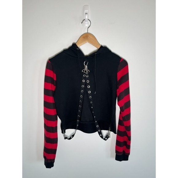 Hot Topic Tops - Hot Topic Hoodie Womens M Y2K Grunge Goth Emo Striped Chains Street Black Red